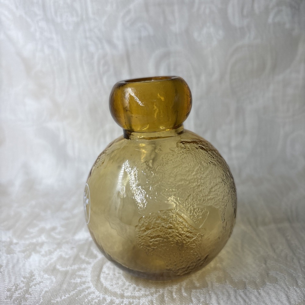 Vintage Riihimäen Lasi Tellus Amber Glass Vase 3.5" Globe Bottle Maapallopullo
